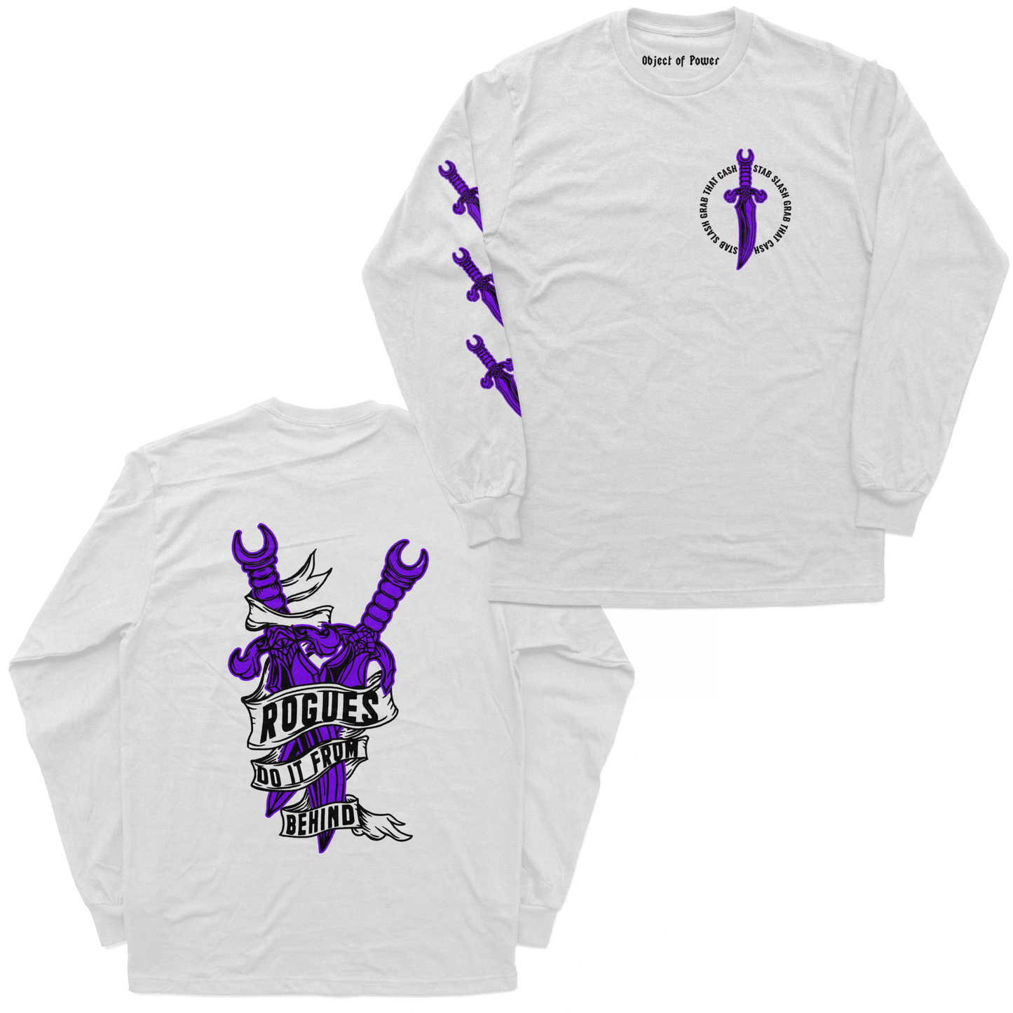 Object of Power nerdy gamer anime tabletop roleplaying Long Sleeve Tee Rogue's Dagger Long Sleeve Tee Chest, Back, & Sleeve Prints / White / XS