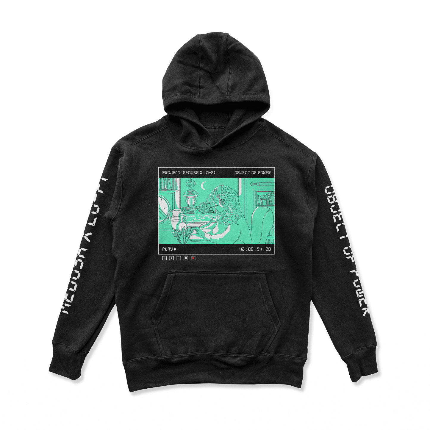 Object of Power nerdy gamer anime tabletop roleplaying Hoodie Medusa X Lo-Fi Hoodie Chest & Sleeve Prints / Black / S