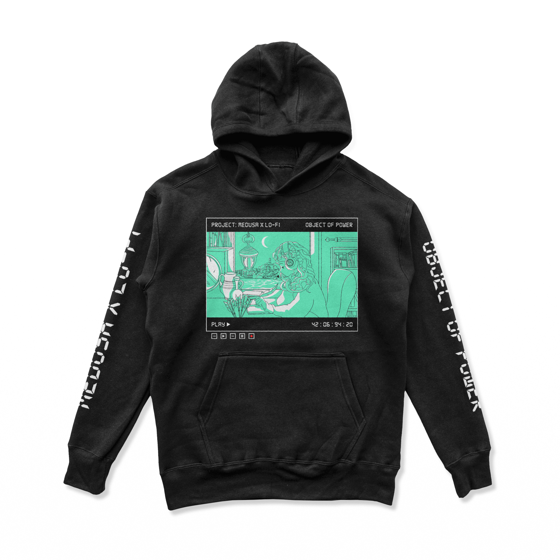 Object of Power nerdy gamer anime tabletop roleplaying Hoodie Medusa X Lo-Fi Hoodie Chest & Sleeve Prints / Black / S