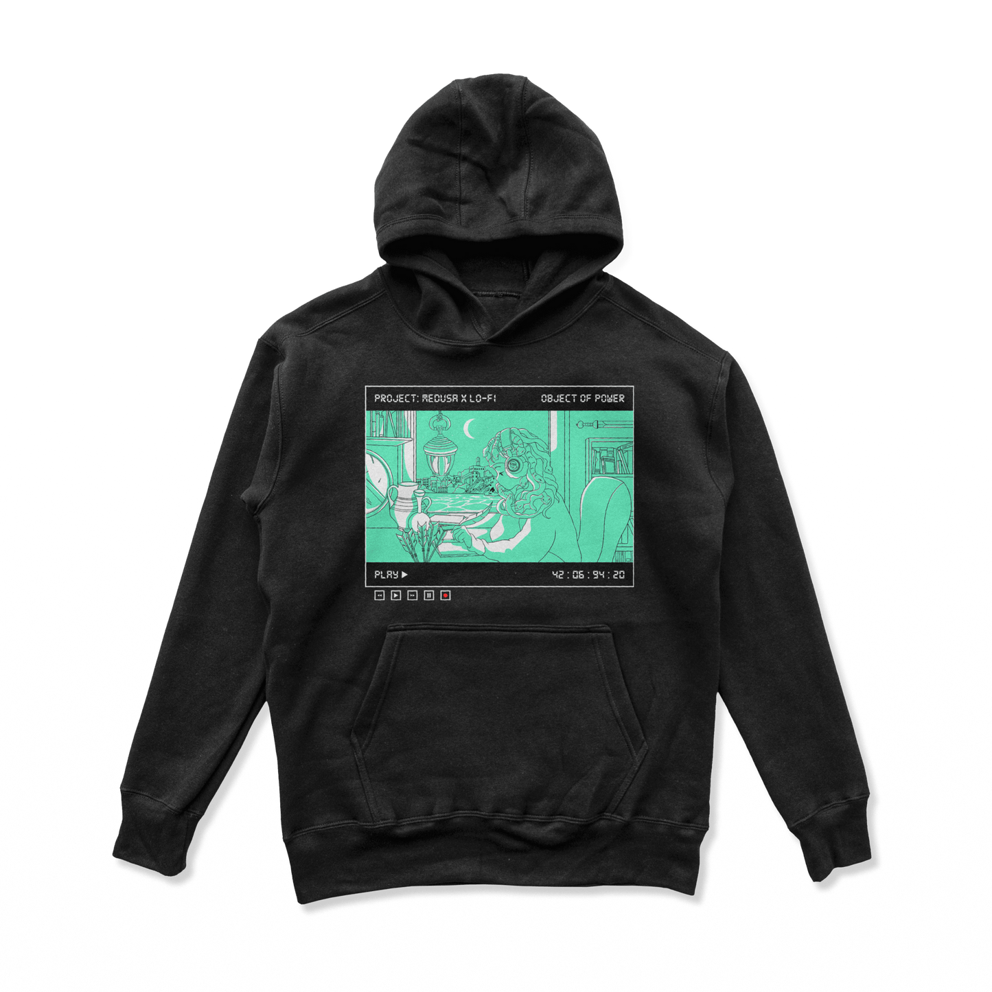 Object of Power nerdy gamer anime tabletop roleplaying Hoodie Medusa X Lo-Fi Hoodie Chest Print / Black / S