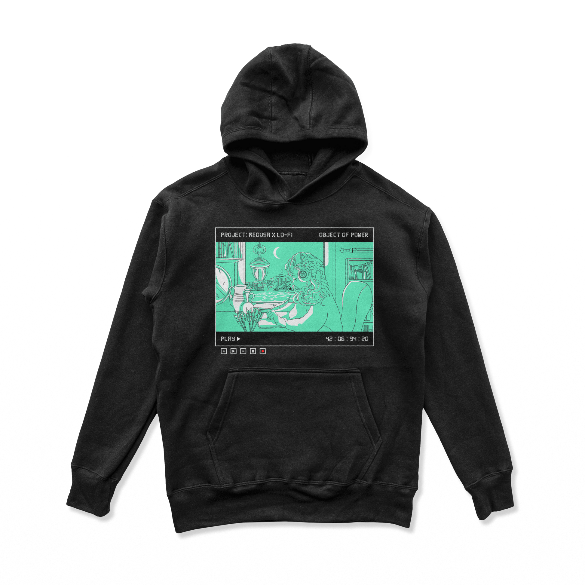 Object of Power nerdy gamer anime tabletop roleplaying Hoodie Medusa X Lo-Fi Hoodie Chest Print / Black / S