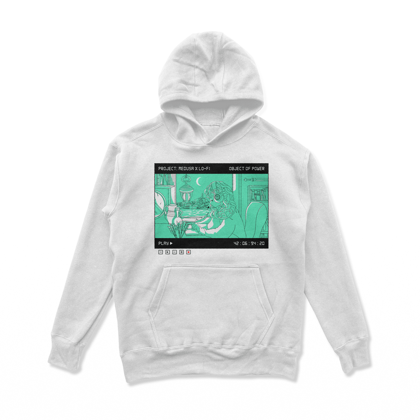 Object of Power nerdy gamer anime tabletop roleplaying Hoodie Medusa X Lo-Fi Hoodie Chest Print / White / S