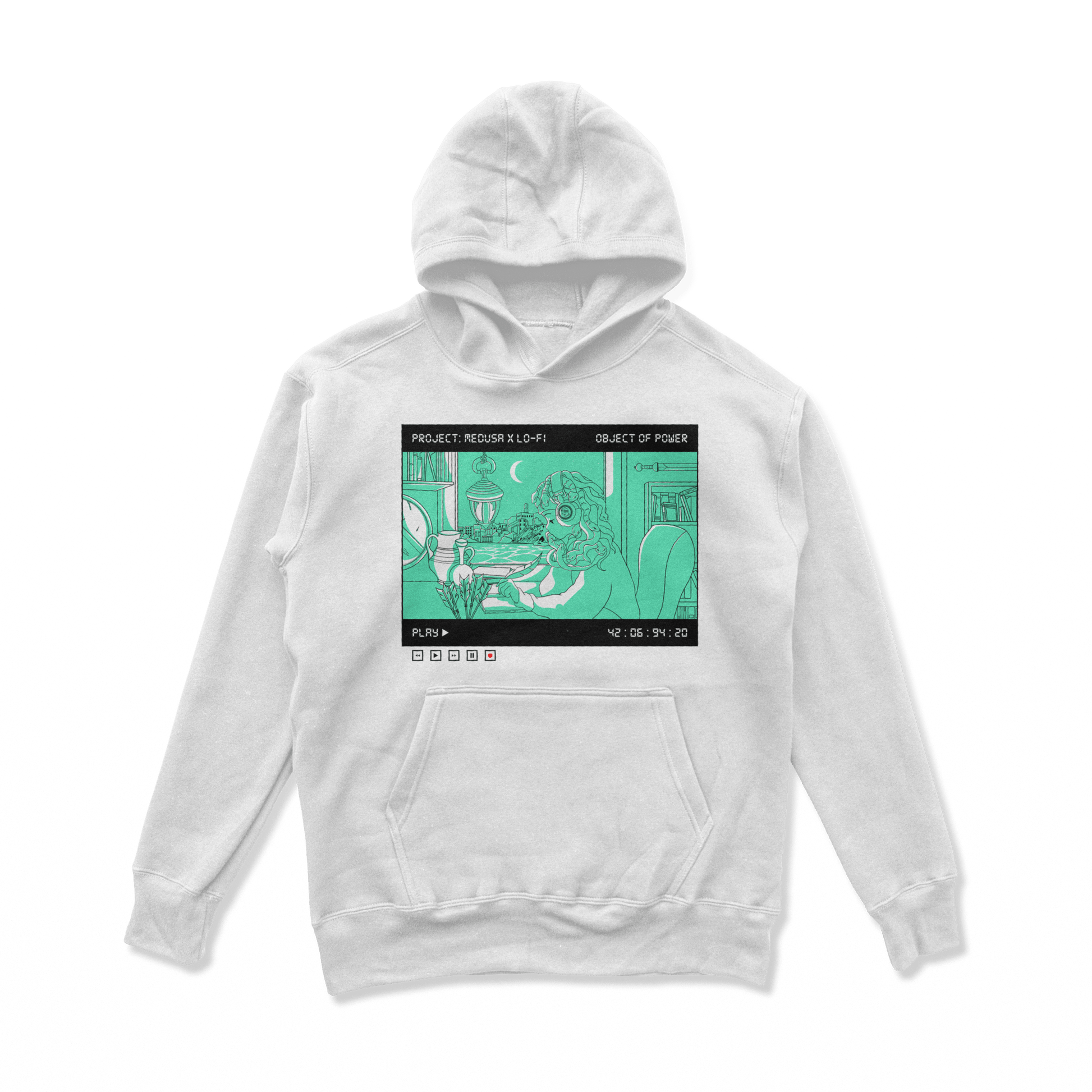 Object of Power nerdy gamer anime tabletop roleplaying Hoodie Medusa X Lo-Fi Hoodie Chest Print / White / S