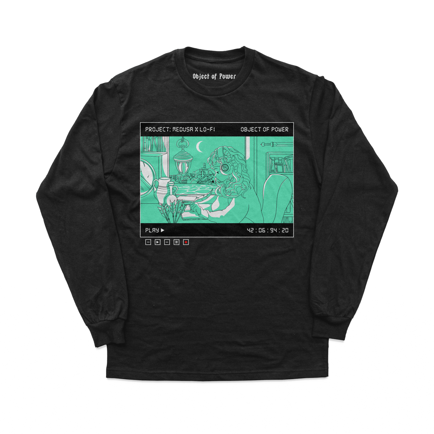 Object of Power nerdy gamer anime tabletop roleplaying Long Sleeve Tee Medusa X Lo-Fi Long Sleeve Tee Front Print / Black / XS