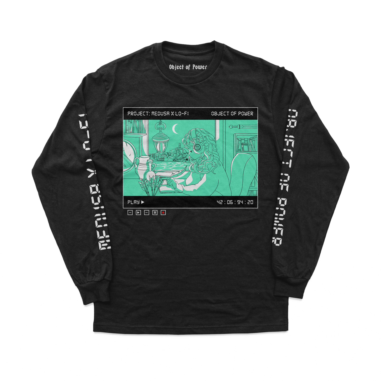 Object of Power nerdy gamer anime tabletop roleplaying Long Sleeve Tee Medusa X Lo-Fi Long Sleeve Tee Front & Sleeve Prints / Black / XS