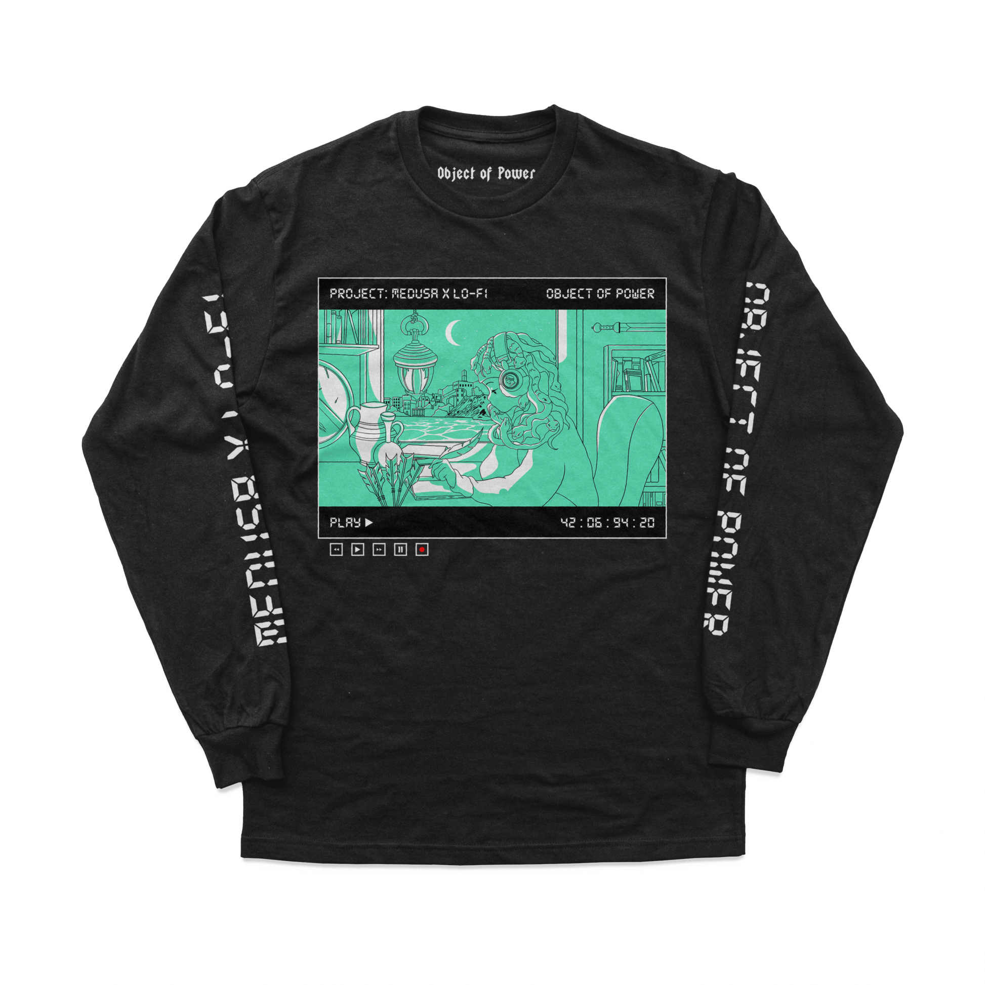 Object of Power nerdy gamer anime tabletop roleplaying Long Sleeve Tee Medusa X Lo-Fi Long Sleeve Tee Front & Sleeve Prints / Black / XS