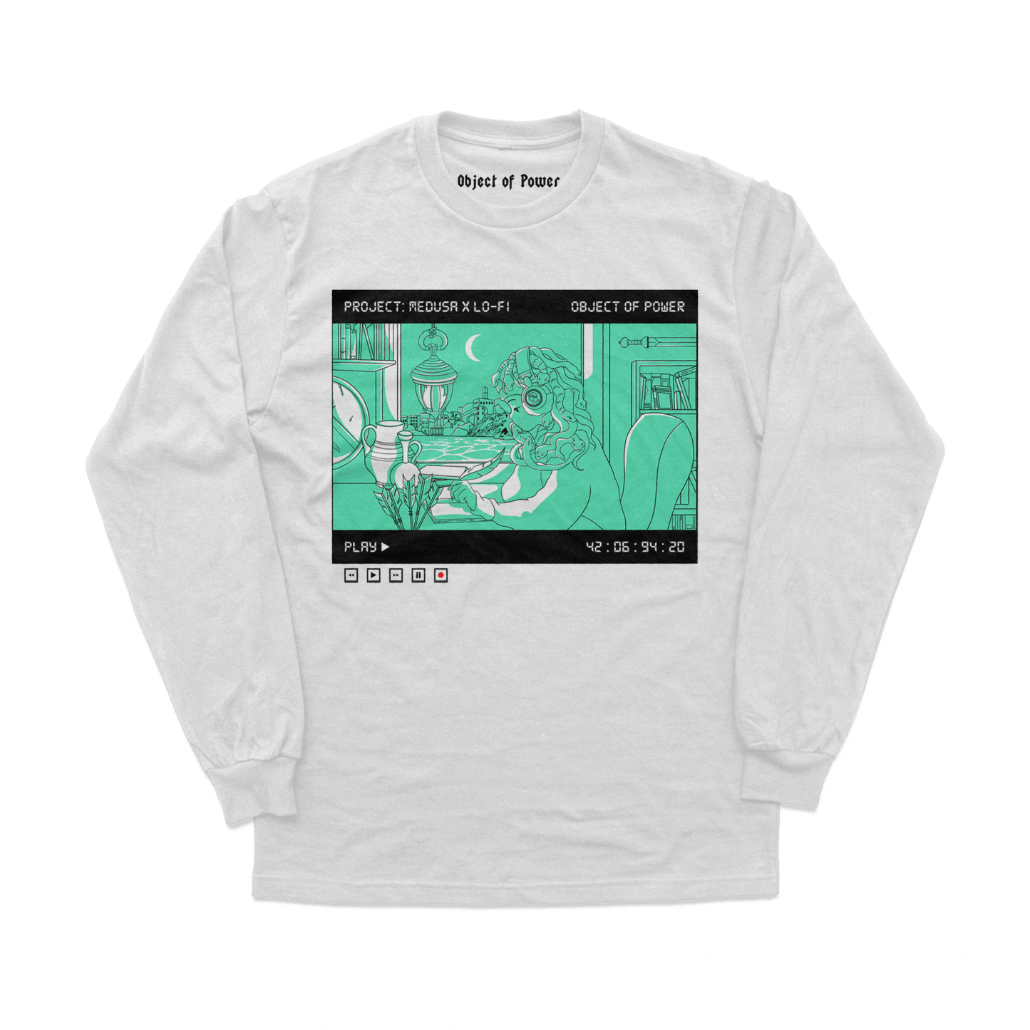 Object of Power nerdy gamer anime tabletop roleplaying Long Sleeve Tee Medusa X Lo-Fi Long Sleeve Tee Front Print / White / XS