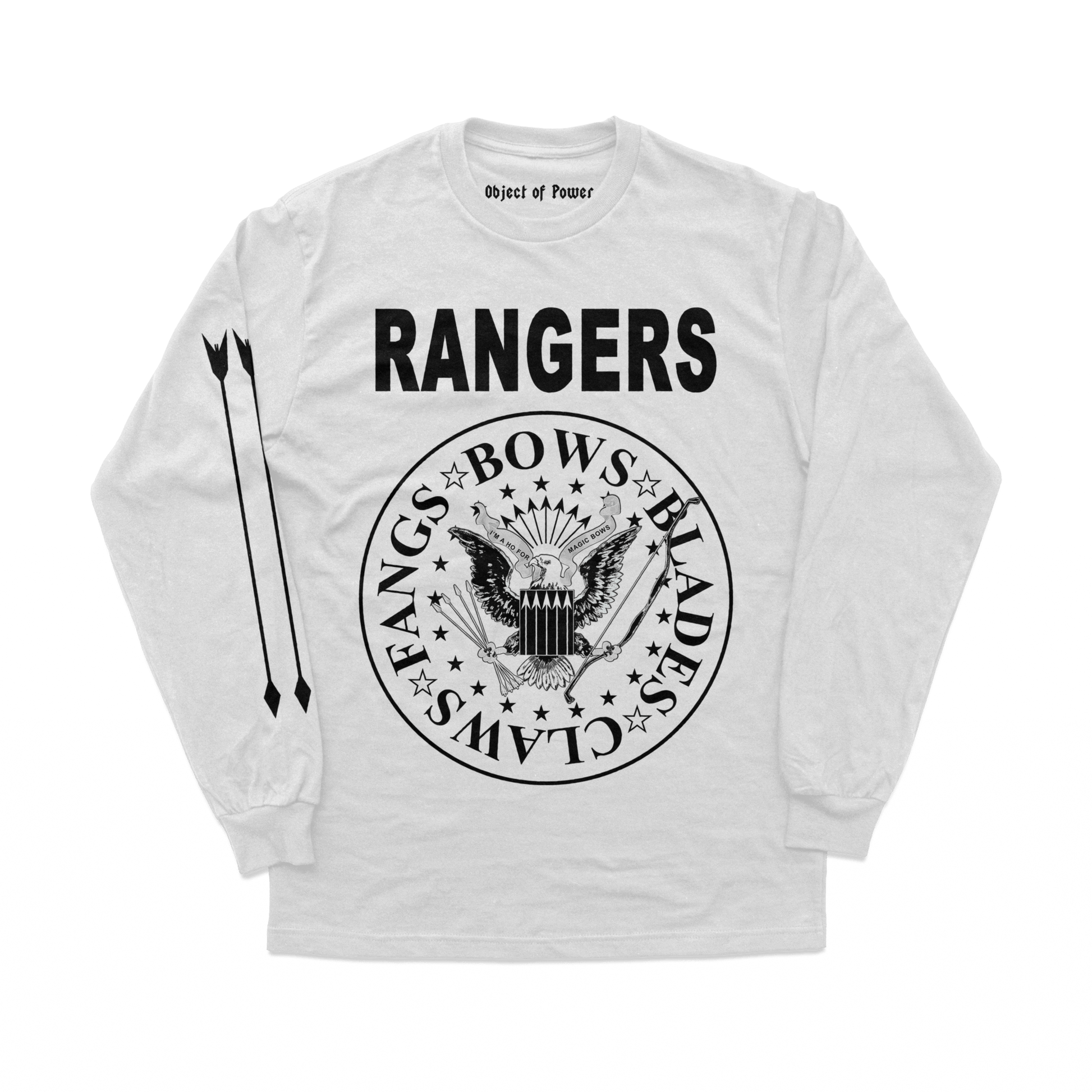 Object of Power nerdy gamer anime tabletop roleplaying Long Sleeve Tee Rangers Rock Band Long Sleeve Tee Front & Sleeve Prints / White / XS