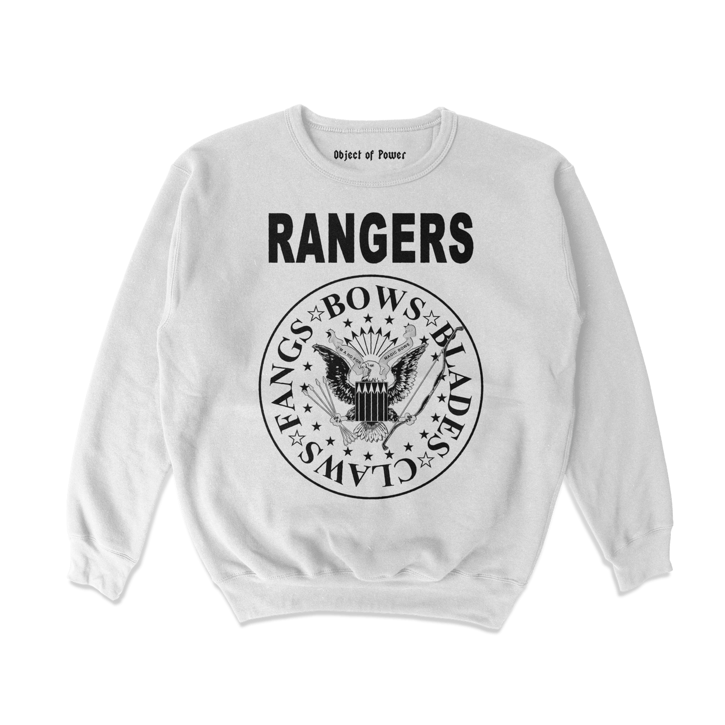 Object of Power nerdy gamer anime tabletop roleplaying Sweatshirt Rangers Rock Band Sweatshirt Front Print / White / S