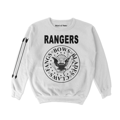 Object of Power nerdy gamer anime tabletop roleplaying Sweatshirt Rangers Rock Band Sweatshirt Front & Sleeve Prints / White / S