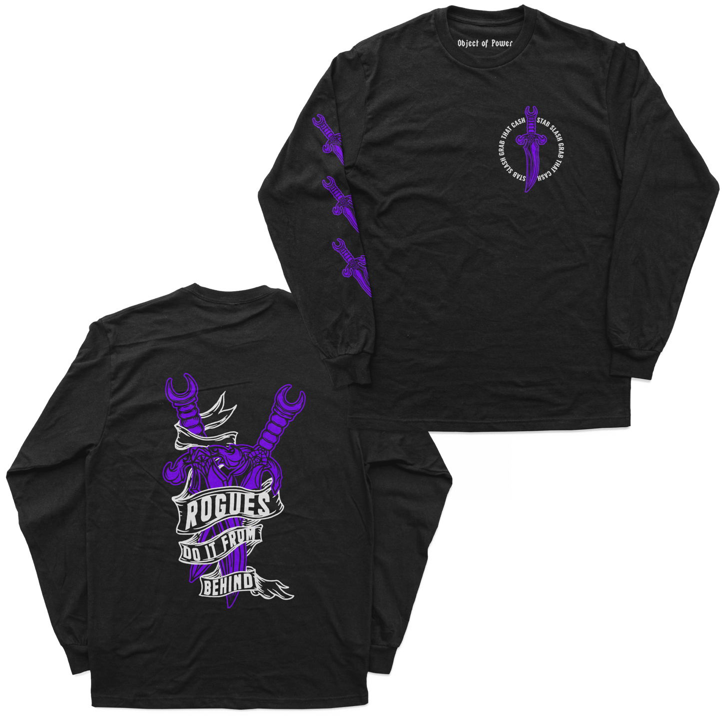 Object of Power nerdy gamer anime tabletop roleplaying Long Sleeve Tee Rogue's Dagger Long Sleeve Tee Chest, Back, & Sleeve Prints / Black / XS