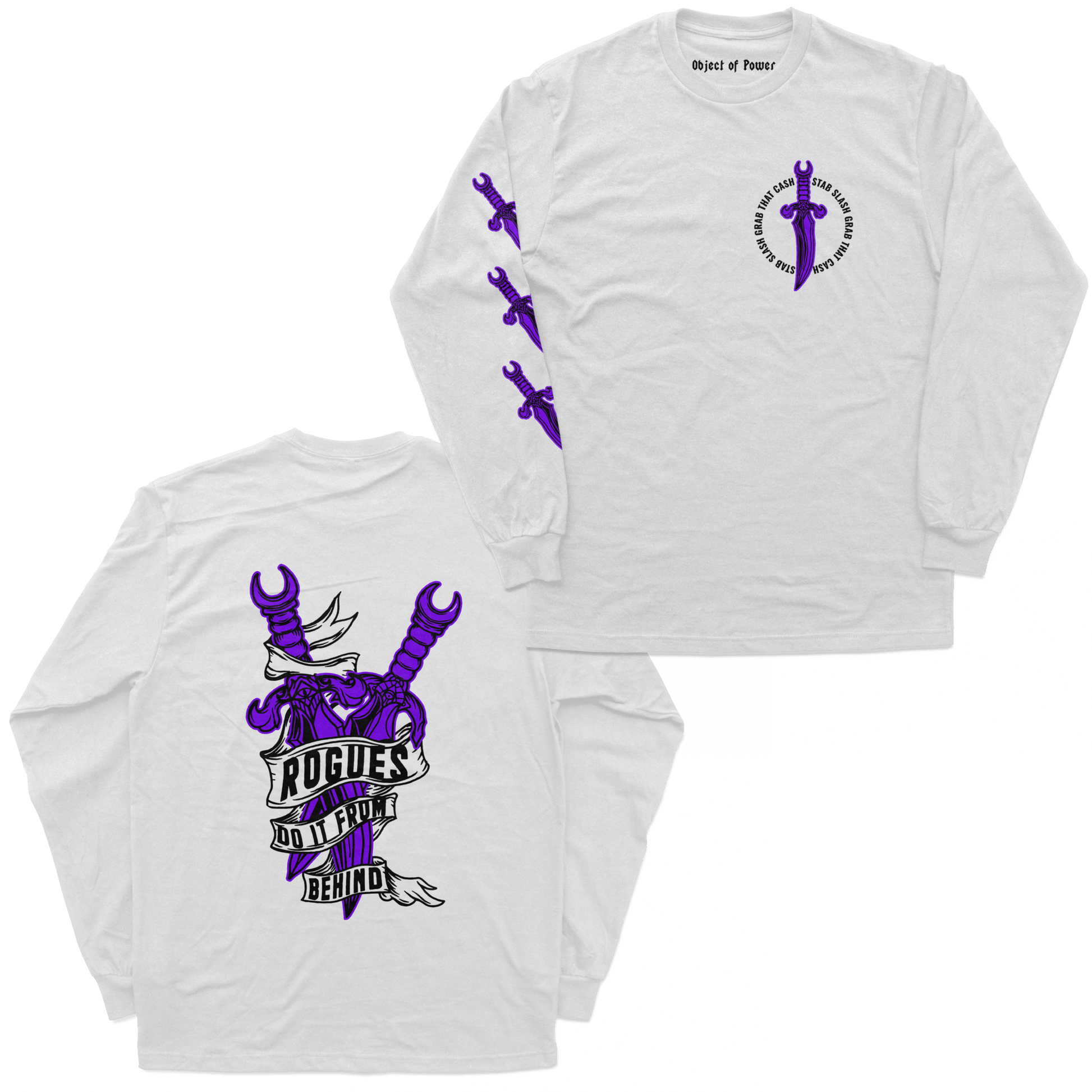 Object of Power nerdy gamer anime tabletop roleplaying Long Sleeve Tee Rogue's Dagger Long Sleeve Tee Chest, Back, & Sleeve Prints / White / XS