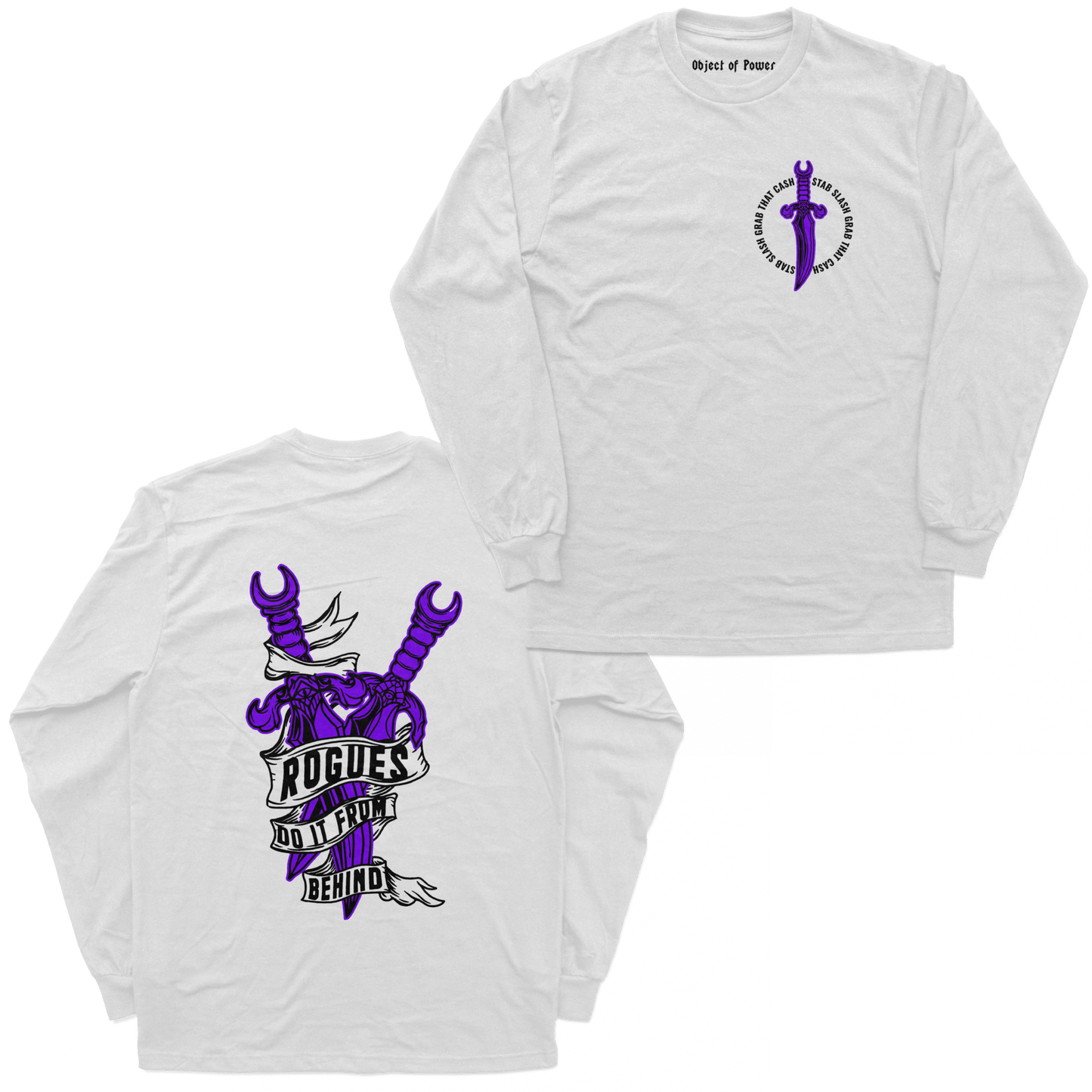 Object of Power nerdy gamer anime tabletop roleplaying Long Sleeve Tee Rogue's Dagger Long Sleeve Tee Chest & Back Prints / White / XS