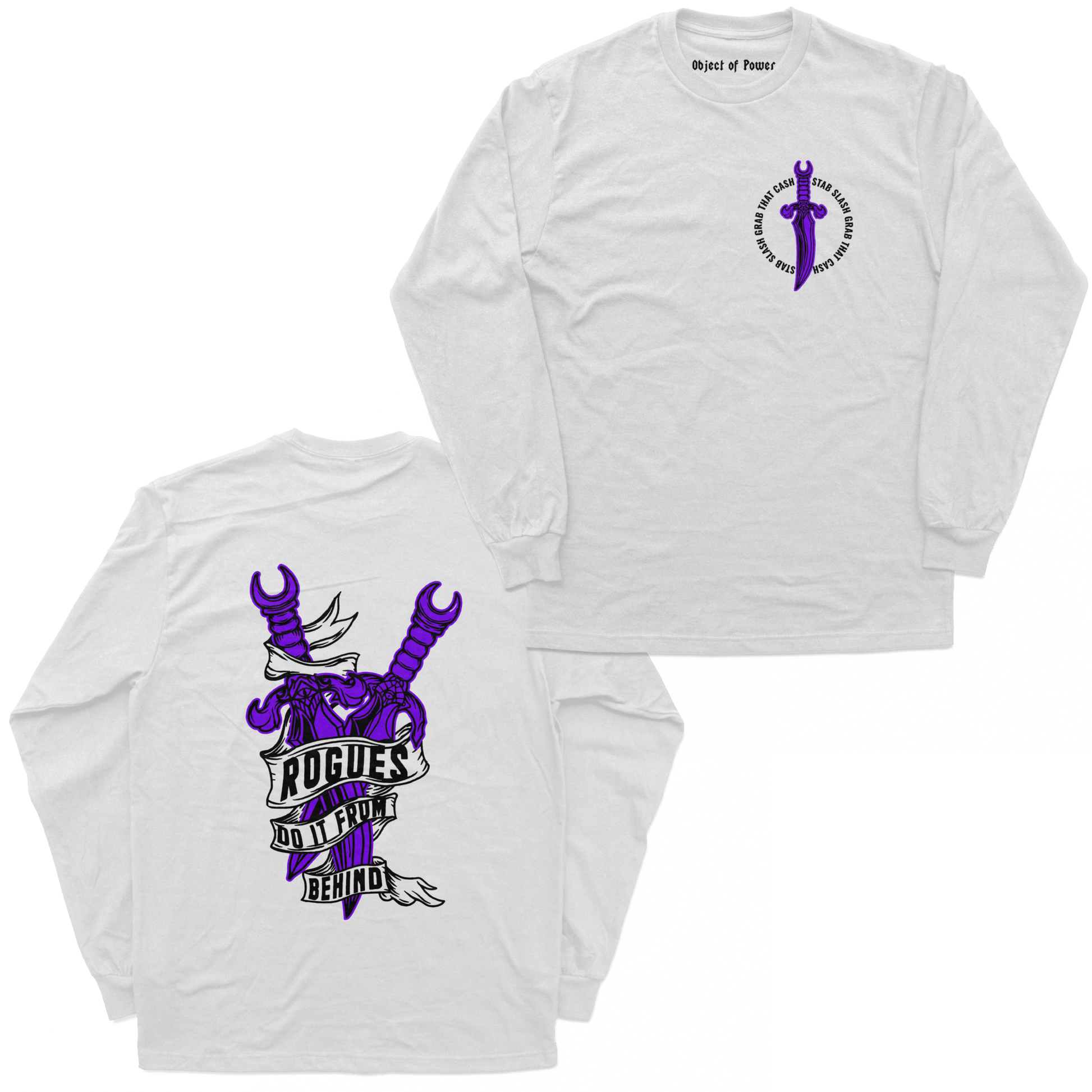 Object of Power nerdy gamer anime tabletop roleplaying Long Sleeve Tee Rogue's Dagger Long Sleeve Tee Chest & Back Prints / White / XS