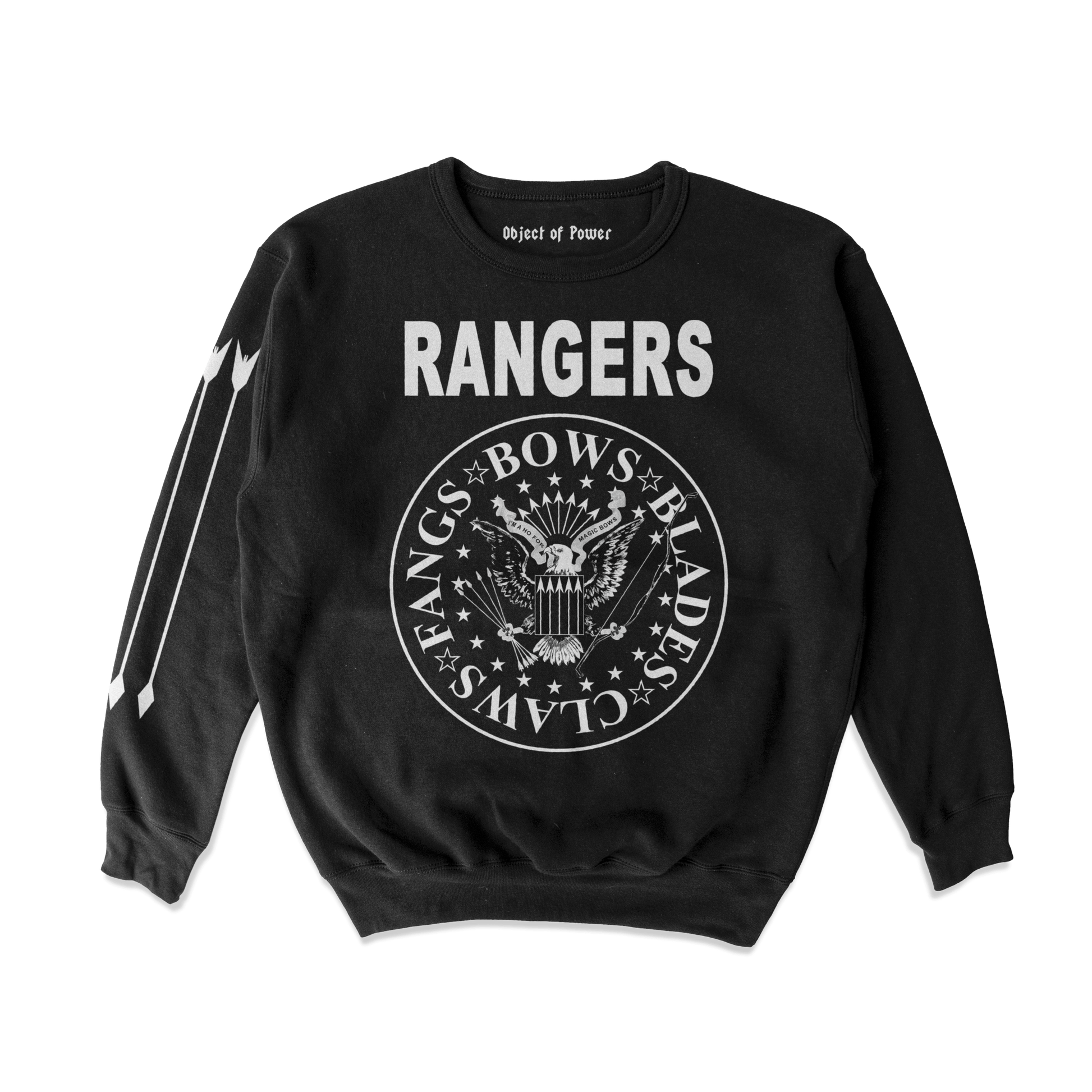 Object of Power nerdy gamer anime tabletop roleplaying Sweatshirt Rangers Rock Band Sweatshirt Front & Sleeve Prints / Black / S